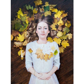 Corona by Cody Erickson | Oil Painting of a woman surrounded by autumn leaves For Sale