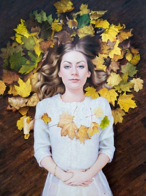 Corona by Cody Erickson | Oil Painting of a woman surrounded by autumn leaves