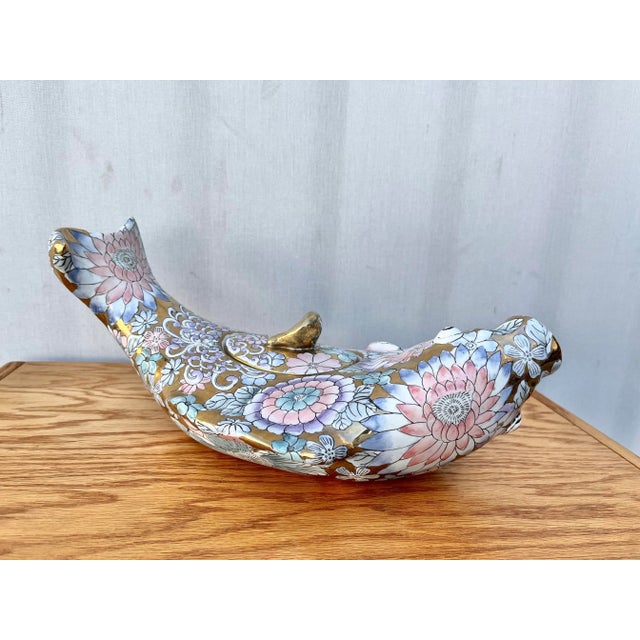 Chinese Vintage Hand Painted Porcelain Covered Carp-Form Tureen For Sale - Image 3 of 13