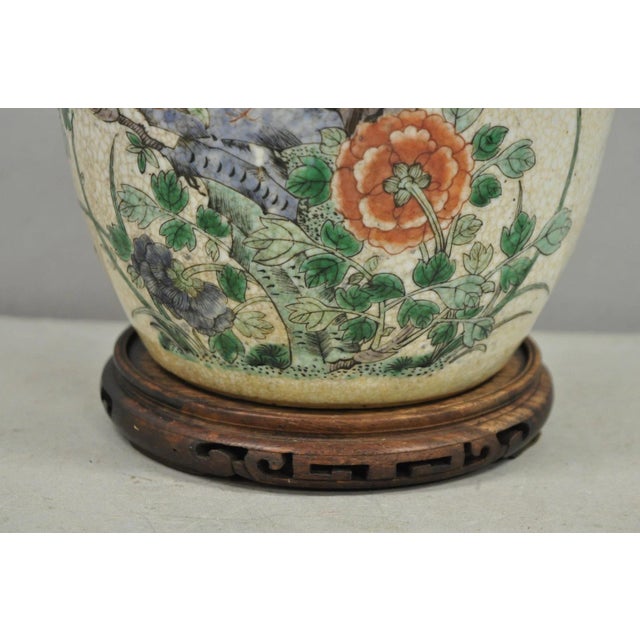 Antique Oriental Porcelain Bulbous Vase Bird Painted Table Lamp W/ Shade For Sale - Image 4 of 12