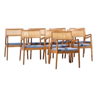 Jens Risom Model C-140 Mid Century Playboy Walnut and Cane Dining Chairs - Set of 8 For Sale