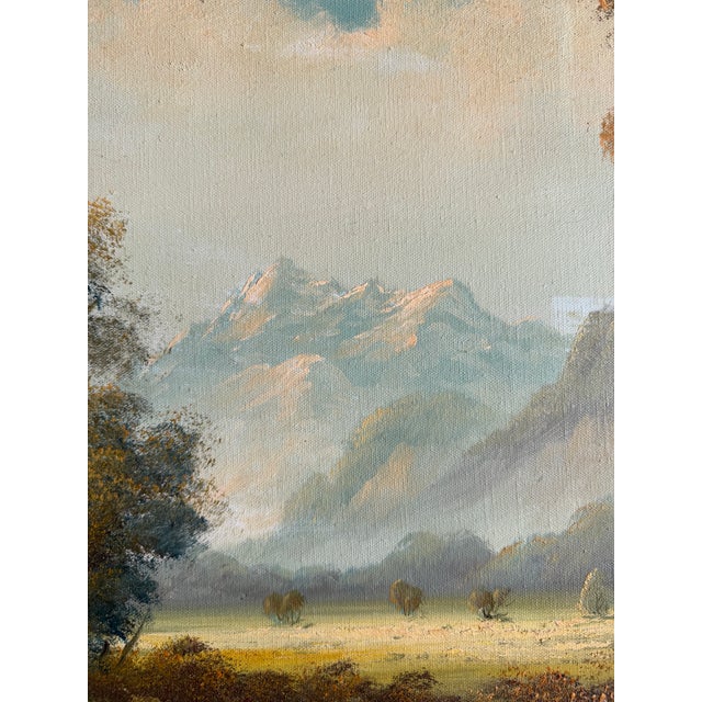Mid-Century Signed Original Oil Painting on Canvas, Lake & Mountains 29x41 For Sale - Image 4 of 11