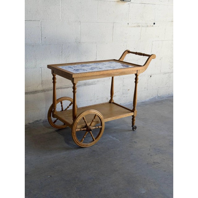 Vintage Danish Oak Bar Cart Tea Trolley With Blue & White Tile Top For Sale - Image 4 of 10