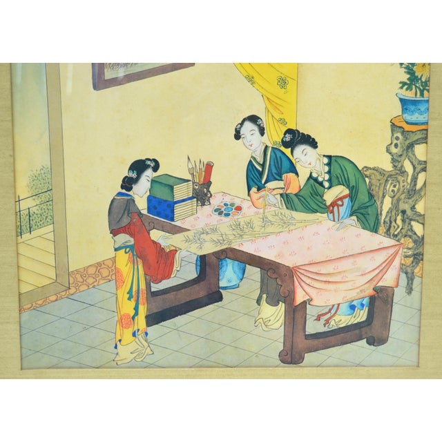 Goldenrod Gilt Wood Framed Qing Dynasty Chinese Family Watercolor Painting on Paper For Sale - Image 8 of 17