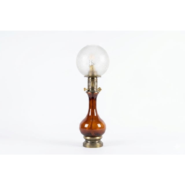 Amber-Brown Glass and Brass Table Lamp with Etched Glass Globe, 1950s For Sale - Image 3 of 18