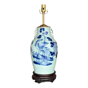 Antique 19th Century Asian Blue and White Rooster Lamp