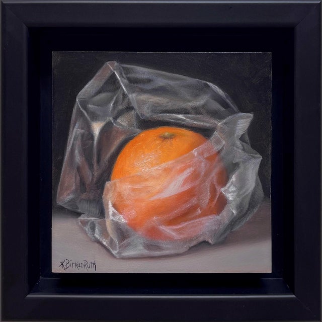 Early 21st Century Orange Wrapped in Plastic by Kelly Birkenruth | Oil on Panel Still life of an orange in plastic wrap For Sale - Image 5 of 5