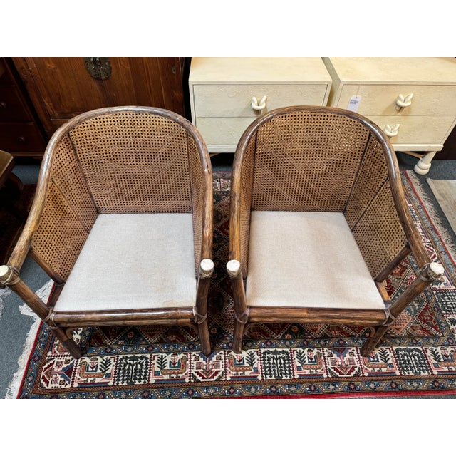 McGuire Furniture Vintage Barrel Rattan & Cane Lounge Armchairs, Pair For Sale In San Francisco - Image 6 of 14