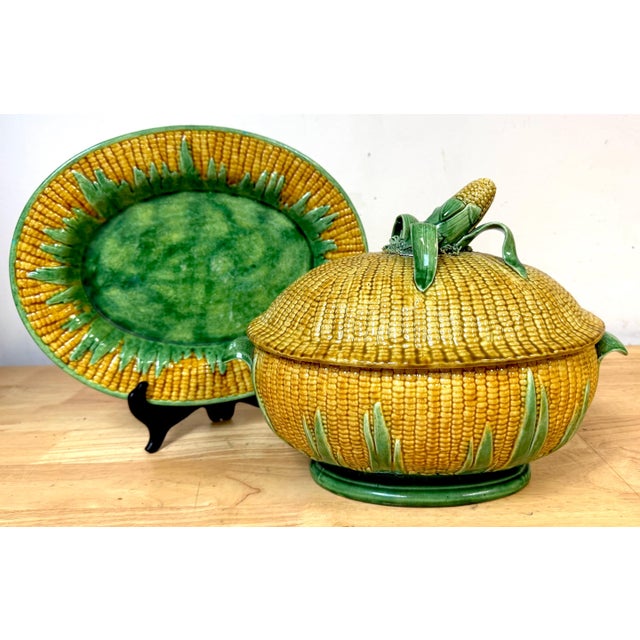 Brown Portuguese Majolica Corn Motif Tureen & Platter, by José A. Cunha For Sale - Image 8 of 18