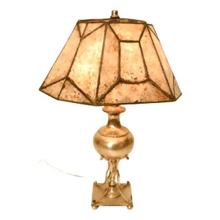 Antique Early 20th Century Silverplate Lamp With Iron & Mica Shade For Sale
