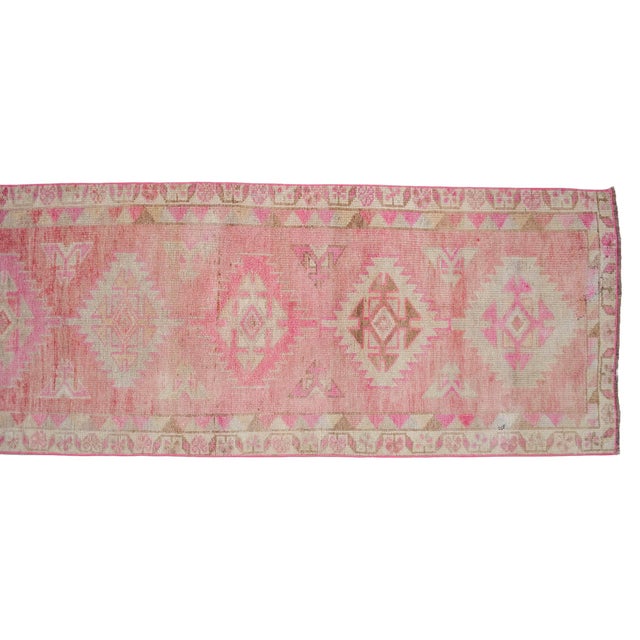 Vintage Turkish Hand-Knotted Runner Rug Pink Hallway Kitchen Decor - 2′6″ × 11′5″ For Sale - Image 9 of 12