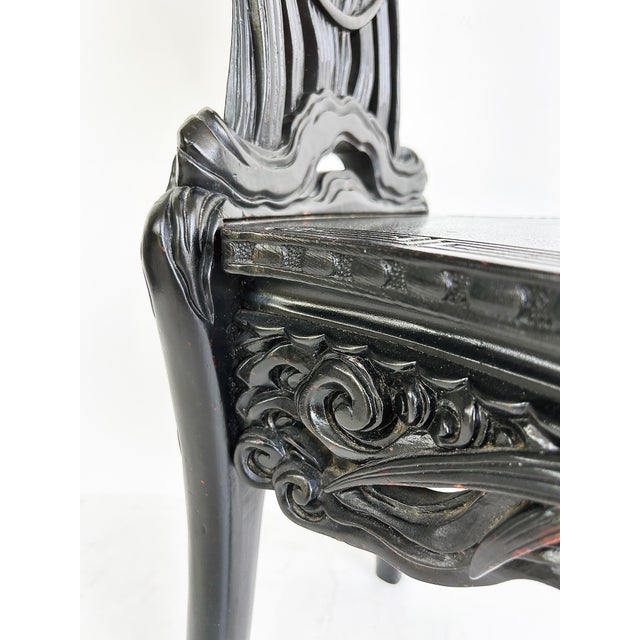 Early 20th Century Chinese Heavily Carved Ebonized Chair With Art Nouveau Influence, Greek Key Trim For Sale - Image 11 of 15