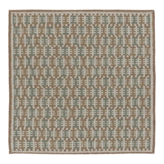 Rug & Kilim’s Scandinavian Style Square Flatweave With Brown and Blue Geometry For Sale