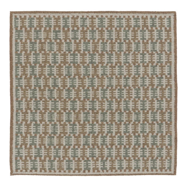 Rug & Kilim’s Scandinavian Style Square Flatweave With Brown and Blue Geometry For Sale