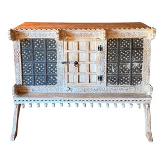 Mid-Century Indian Carved Cabinet with Horse-Head Details, 1970s For Sale