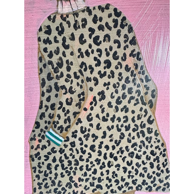 1970s 1970s Original Contemporary Folk Art Painting of Girl in Leopard Print Dress on Pink Background For Sale - Image 5 of 9
