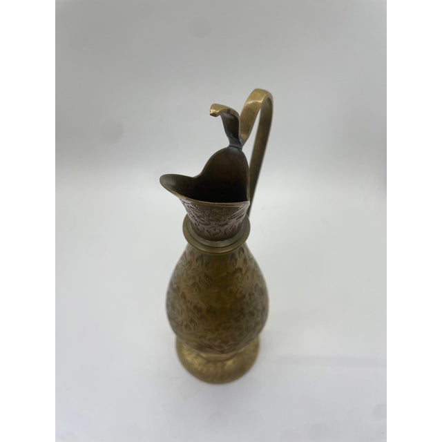 Mid-Century Modern Mid 20th Century Brass Pitcher With Flower Details and Handle For Sale - Image 3 of 6