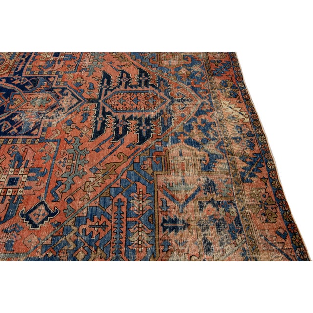 Antique Heriz Persian Handmade Medallion Motif Rusted Wool Rug For Sale - Image 9 of 10