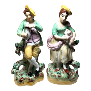 Pair of 1890’s Old Staffordshire Ware England Porcelain Figurines Boy Holding His Dog and Girl Holding Her Cat