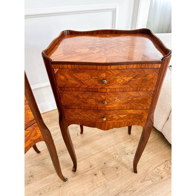 Mid-Century French Louis XV Style Marquetry Nightstands, 1950s, Set of 2 For Sale - Image 4 of 18