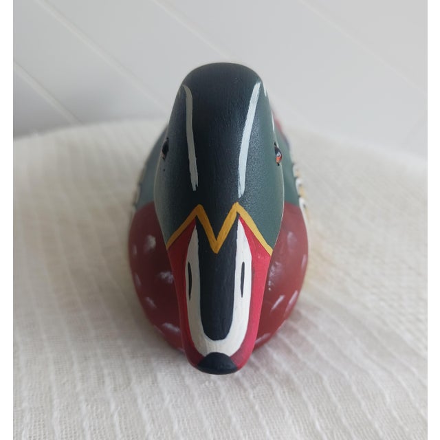 American ​Vintage Hand-Signed Shirley Hearne Wood Duck Drake Decoy - Mint Condition For Sale - Image 3 of 8