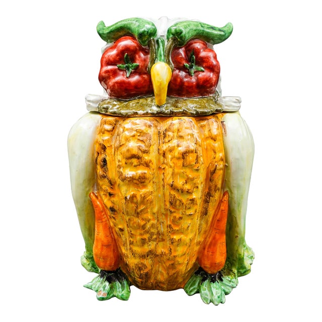 Vintage Italian Majolica Vegetables Owl Art Pottery Cookie Jar Canister For Sale