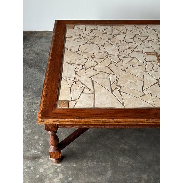 1970s Hand-Laid Stone Mosaic Coffee Table on Vintage Oak Trestle Base For Sale - Image 15 of 18