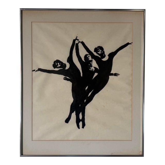 Vintage Three Ballet Dancers Figural Painting on Paper, Framed Under Glass For Sale