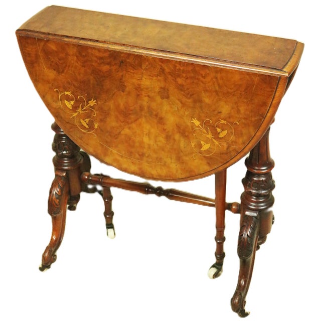 English Victorian Period Burl and Satinwood Inlaid Sutherland Drop Leaf Table For Sale - Image 12 of 12