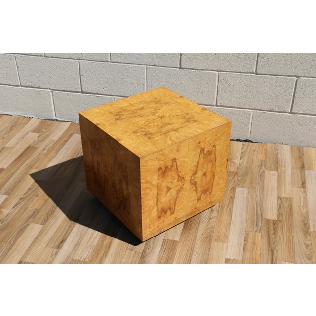 Striking mid-century modern burlwood cube side table in the style of Milo Baughman, circa 1970s. This sculptural cube...
