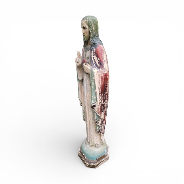 Large Sacred Heart of Jesus Statue, Early 20th Century, Polychrome Plaster For Sale - Image 5 of 13