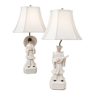 Vintage Mid-Century Blanc De Chine Figural Table Lamps - Pair For Sale