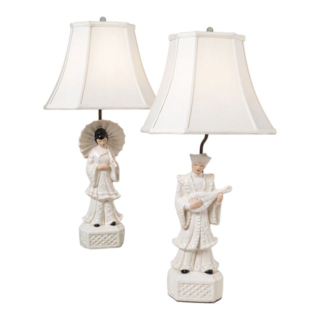 Vintage Mid-Century Blanc De Chine Figural Table Lamps - Pair For Sale