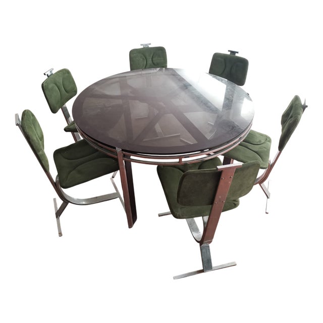 Mid-Century Modern Dining Set with Table and Chairs, 1970s, Set of 7 For Sale