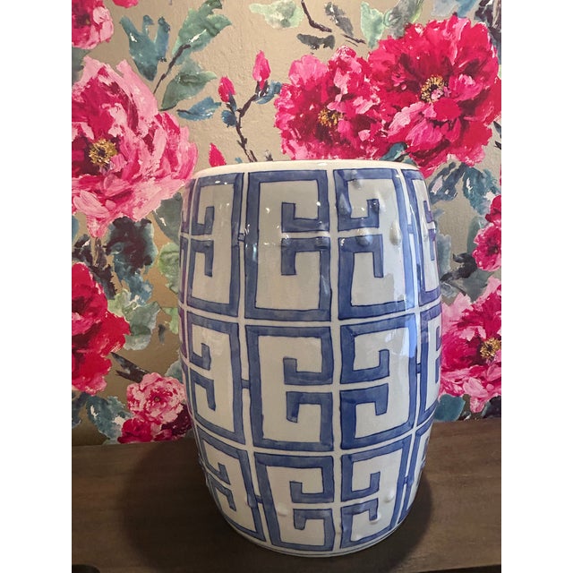 Asian Style White Porcelain with Blue Greek Key design. Stool or Table. Multifunctional side table can be used as a coffee...