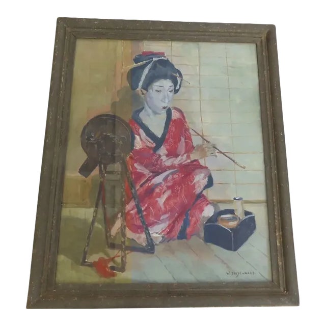 Mid 20th Century "Geisha with Mirror" Portrait Painting by Willem Dooyewaard, Framed For Sale