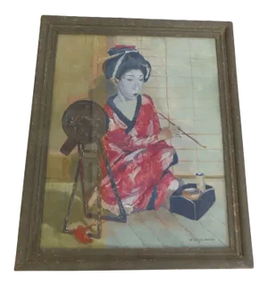 Mid 20th Century "Geisha with Mirror" Portrait Painting by Willem Dooyewaard, Framed