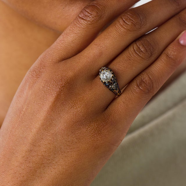 19th Century 19th Century Victorian Rose Cut Diamond 18k Yellow Gold Enamel Engagement Ring, Size 7 For Sale - Image 5 of 6