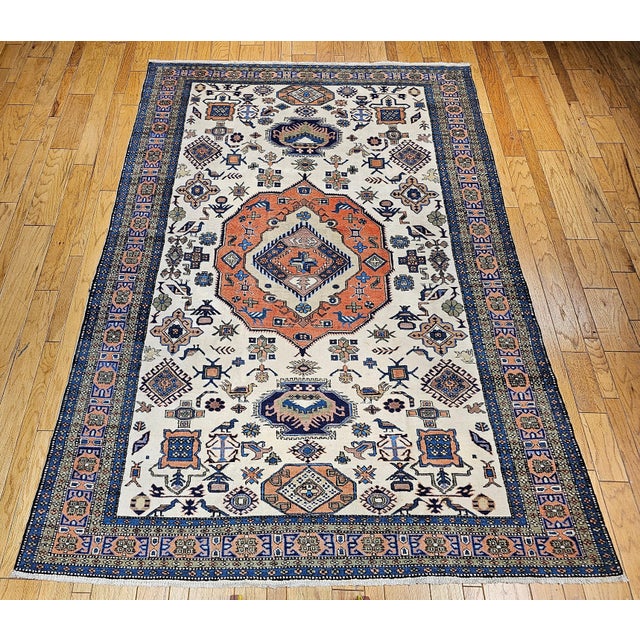 Vintage Room Size Ardabil Rug in Geometric Pattern in Ivory, Brick, Pale Blue, Olive For Sale - Image 16 of 16