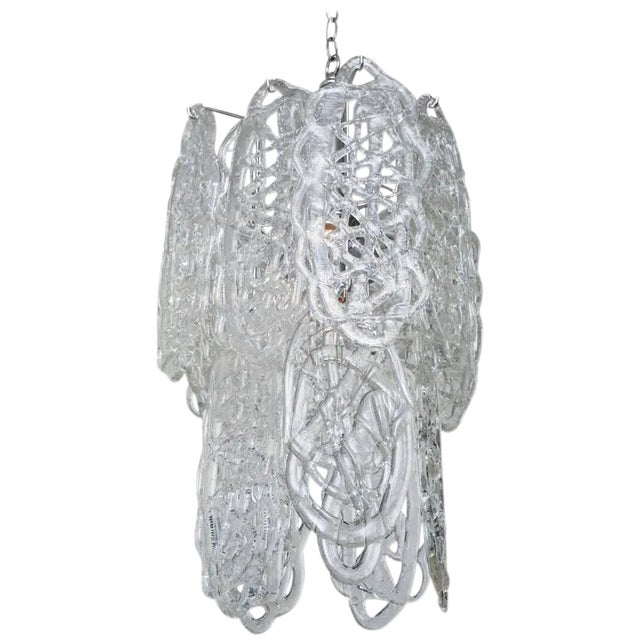 Vintage Murano Italian Mazzega White Glass Pretzel Pendants Chandelier With Nickel Silver Cage For Sale