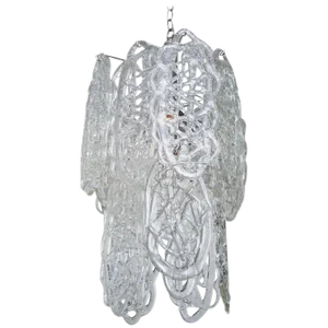 Vintage Murano Italian Mazzega White Glass Pretzel Pendants Chandelier With Nickel Silver Cage