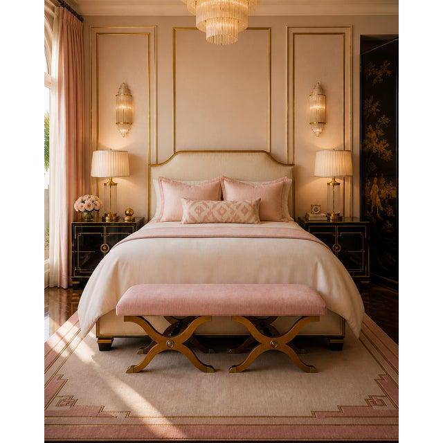 Pink Crushed Velvet Upholstered Dorothy Draper Style Espana Bench In the Style of Dorothy Draper Made by the Charlotte...