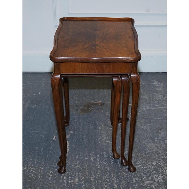 Art Deco Burr Walnut Nest of Three Table with Queen Anne Legs, Set of 3 For Sale - Image 5 of 11