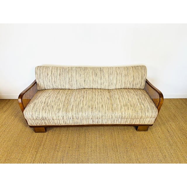 Art Deco Living Room Set in Curved Wood with Tweed and Cane, 1950s, Set of 3 For Sale - Image 13 of 18