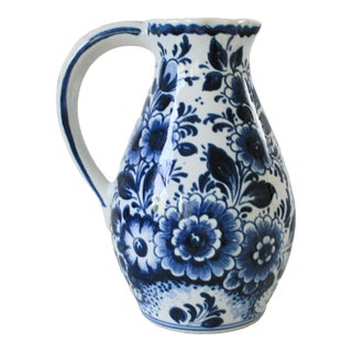 Vintage Blue & White Delft Pitcher With a Floral Design For Sale
