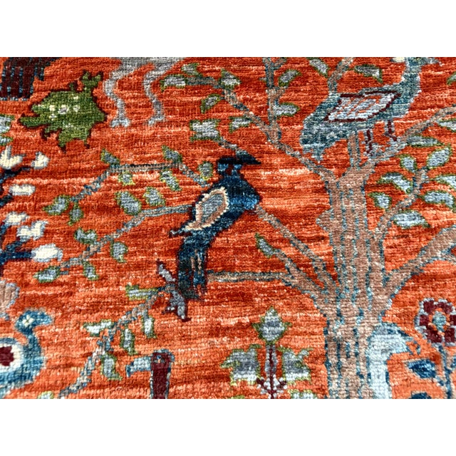 Orange Pictorial Peacock Tree of Life Natural Dye Wool Rug, 2'9" X 4'2" For Sale - Image 8 of 17