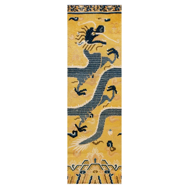1750s Yellow Dragon Antique Chinese Ningxia Pillar Rug 2' 9'' X 9' Handknotted Wool Carpet For Sale - Image 12 of 15