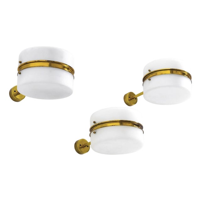 1960s Stilnovo Brass & Opaline Glass Wall Sconces - Set of Three For Sale