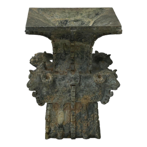 Green Gray Stone Carved Ritual Fengshui Ding Display Art