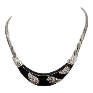 Vintage Signed Monet Modernist Black Enamel Pave Rhinestone Collar Necklace
